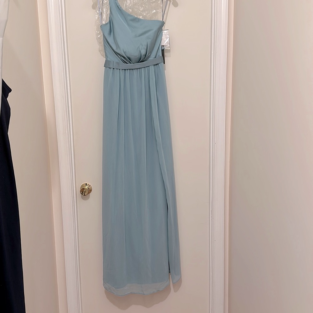 White by Vera Wang for David’s bridal one shoulder bridesmaid color MIST